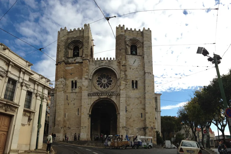 The two towers and rose window of Lisbon Cathedral's west front.