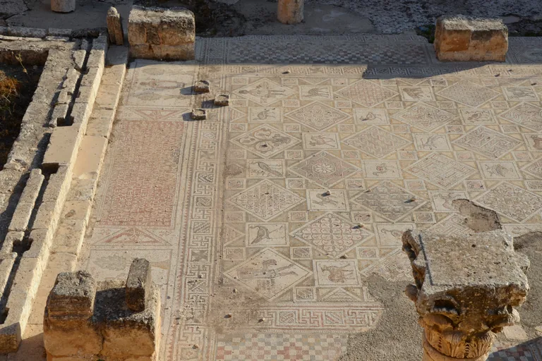 The mosaic floor of the church of Saints Cosmas and Damian at Jerash seen from above, square and diamond panels of birds and animals, a Greek inscription panel and patterned borders, with a carved capital in the lower right.