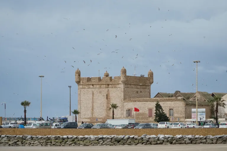 The square crenellated stone tower of the Skala du Port with round corner turrets, gulls wheeling in a grey sky above, and cars parked along the harbour road behind a low wall and a bank of rocks.