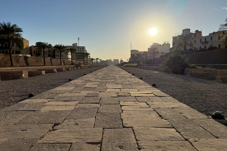 The paved processional way of the Avenue of Sphinxes stretching away toward the low sun, between gravel beds and rows of sphinx bases, with town houses and palm trees above its walls.
