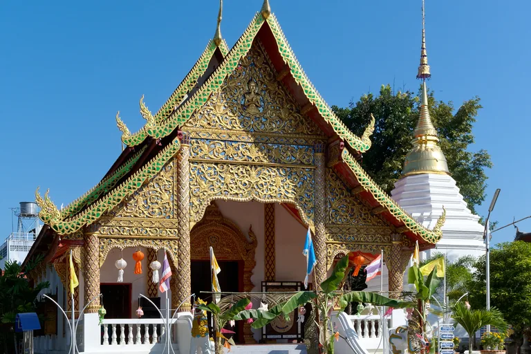 The hall of Wat Chai Phra Kiat in Chiang Mai, its gable thick with gilded carving and its roof edged with green and gold serpents, with paper lanterns and flags at the porch and a white bell shaped chedi with a gilded spire beside it.