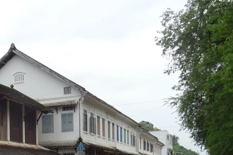 The upper storeys of a row of white houses with shuttered windows and tiled roofs on Sakkaline Road in Luang Prabang, beside the edge of a dark wooden building and the green of a large tree, under a pale sky.