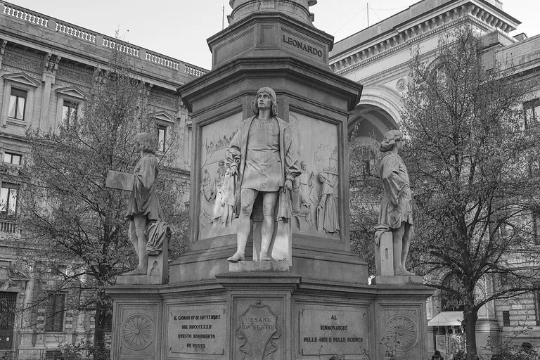 The monument to Leonardo da Vinci in Milan's Piazza della Scala.