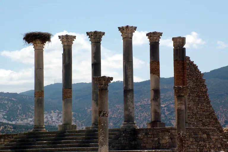 Standing columns and stone remains of the Capitol at Volubilis.