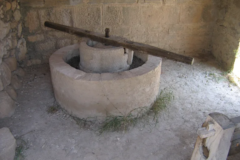 A circular stone olive press with its wooden beam at Volubilis.