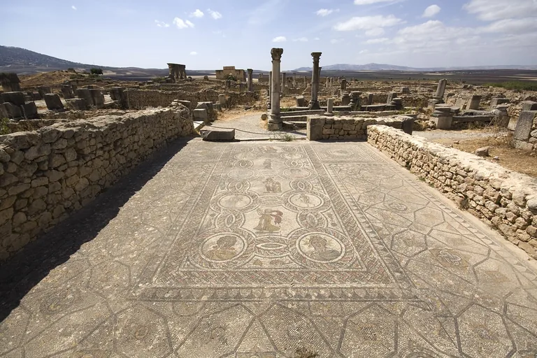 The Four Seasons mosaic floor inside the House of the Labours of Hercules at Volubilis.