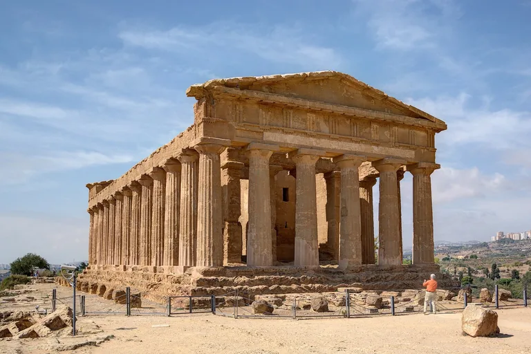 The complete columned facade of the Temple of Concordia at Agrigento.