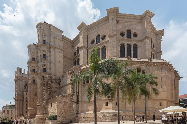 Málaga Cathedral from the northeast, with the finished north tower and older perimeter fabric