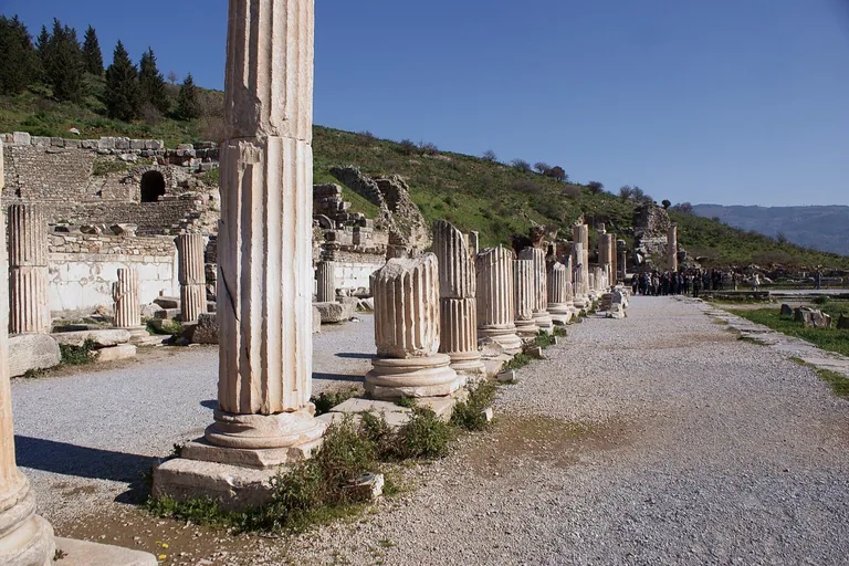 The Basilica Stoa colonnade along the State Agora, with the Odeon behind